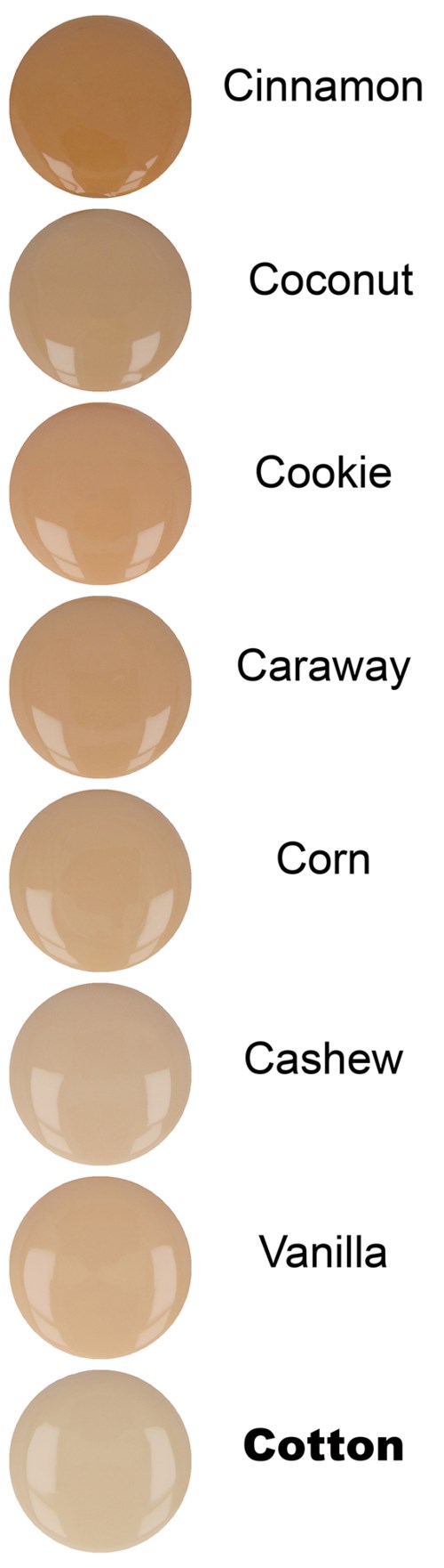 Olika nyanser av beige och brunt märkt som kanel, kokos, kakka, kummin, majs, cashew, vanilj och bomull.