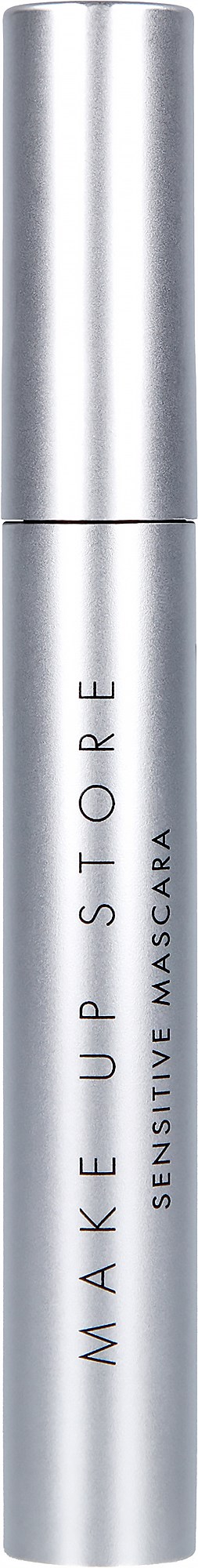Hopea rullatölkki, jossa lukee "MAKE UP STORE SENSITIVE MASCARA" herkille silmille.