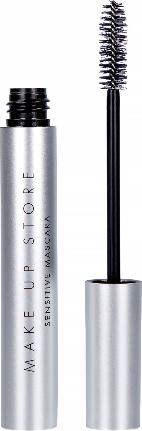 Hopea säiliö, jossa on musta korkki ja teksti 'MAKE UP STORE Sensitive Mascar'. Harja on musta ja kaareva.