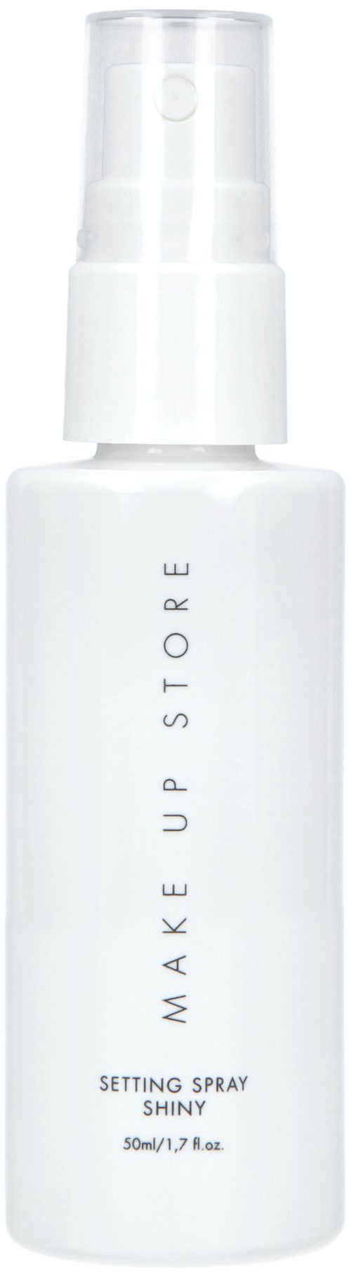 En vit sprayflaska med pump, märkt "MAKE UP STORE" och "SETTING SPRAY SHINY."