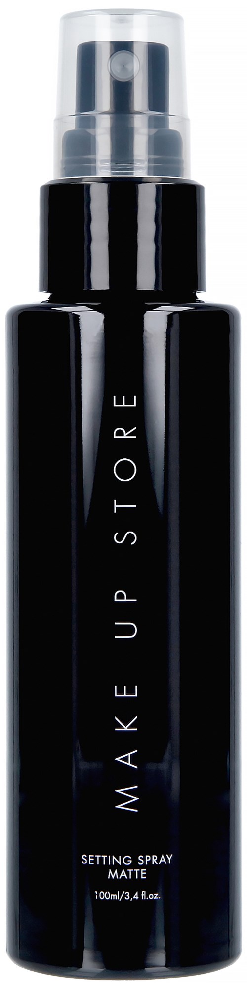 Schwarze Flasche mit Zerstäuber, beschriftet 'MAKE UP STORE', matten Abschluss, 100ml.