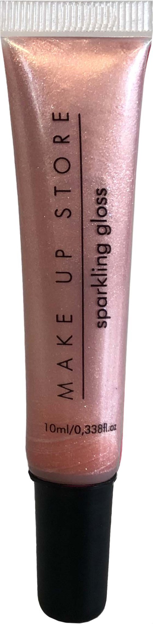 Eine glänzende rosa Tube Makeup mit schwarzem Deckel, beschriftet 'Make Up Store sparkling gloss' und 10 ml Größe.