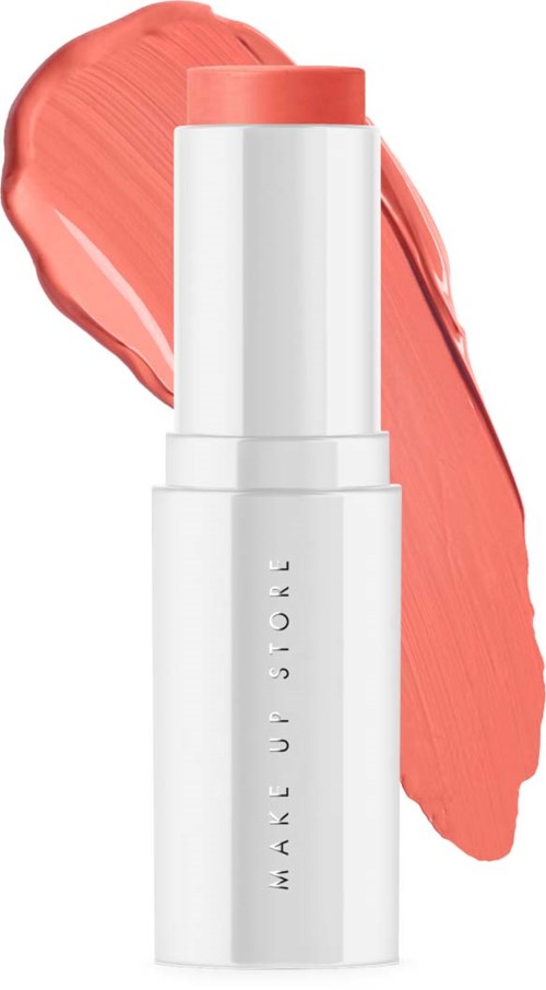 Een witte lippenstiftverpakking met koraalgekleurde lippenstift en een koraalvlek erachter.