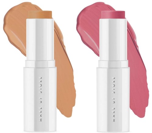 Zwei Make-up-Stifte mit Pfirsich- und Pinktönen in weißen Behältern. Farbproben hinter jedem Stift.