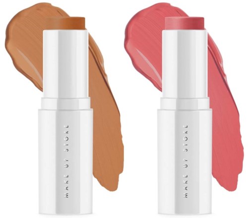 Twee witte lippenstiftverpakkingen met gekleurde streepjes, bruin en roze, achter elkaar. Make-upproduct weergave.