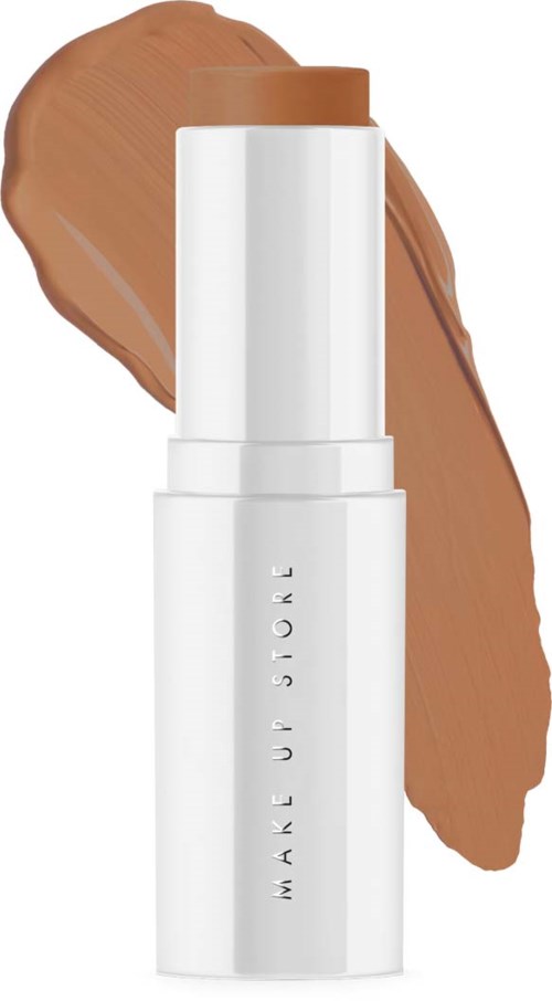 Make-up-stift met lichtbruine kleur en witte houder, geplaatst op een bruine make-upstaal.