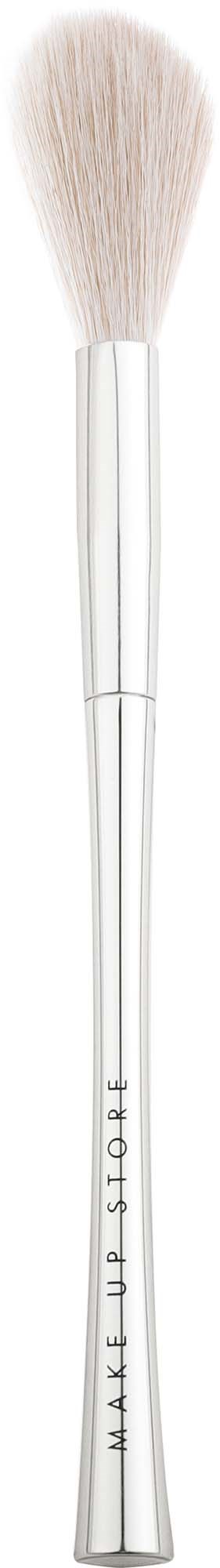 A white makeup brush with soft bristles and a long handle.