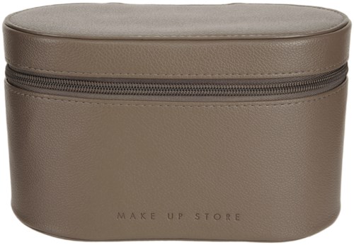 Beige makeup bag with a zipper and the words MAKE UP STORE at the bottom.