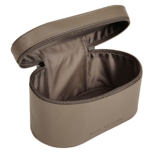Open beige makeup bag with inside compartments and a zip closure.