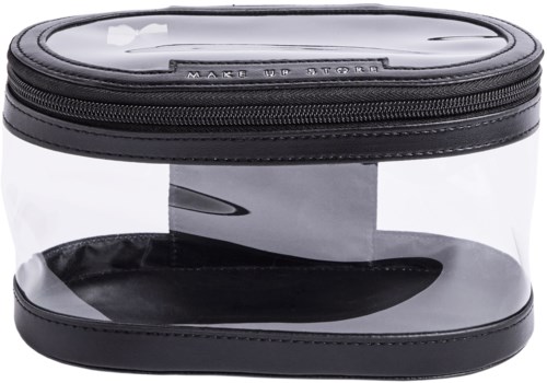 Een doorzichtige, ovale plastic tas met zwarte rand en ritssluiting, gemarkeerd "MAKE UP STORE."