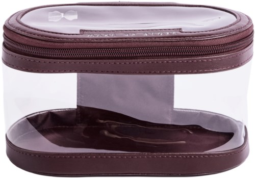A clear plastic case with a purple border and zipper, used for storing makeup or small items.