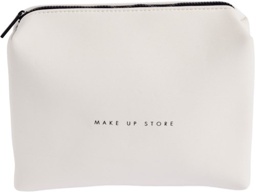 Een witte make-up tas met de woorden "MAKE UP STORE" erop en een zwarte rits bovenop.