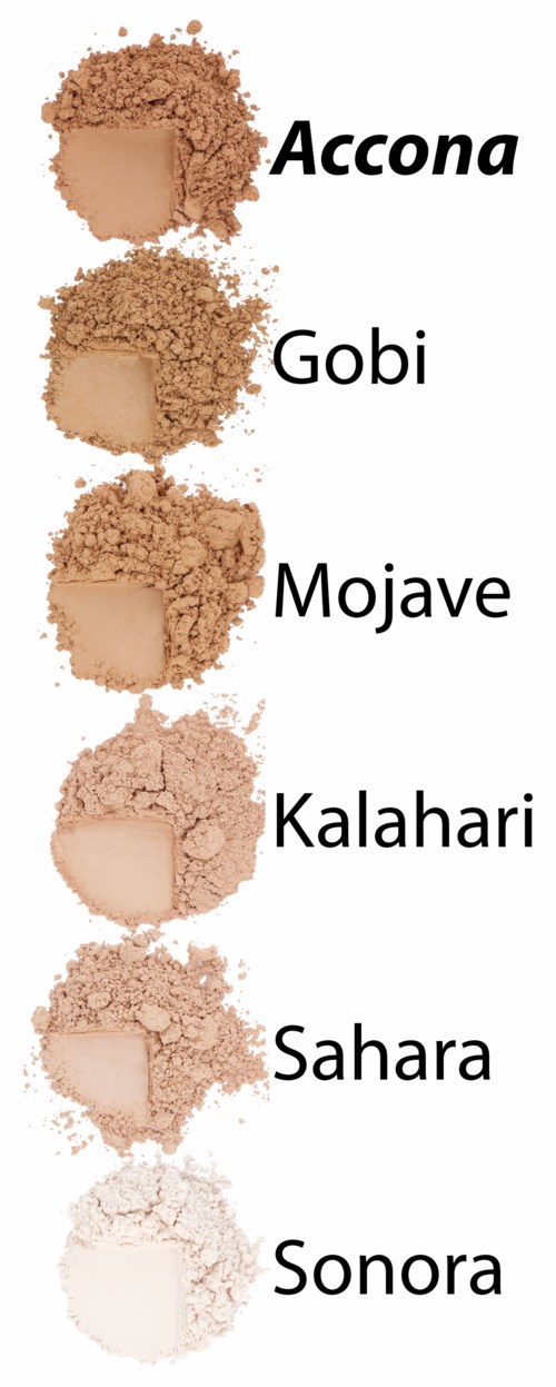 Sex olika färgnyanser av puder med namn: Accona, Gobi, Mojave, Kalahari, Sahara, Sonora.