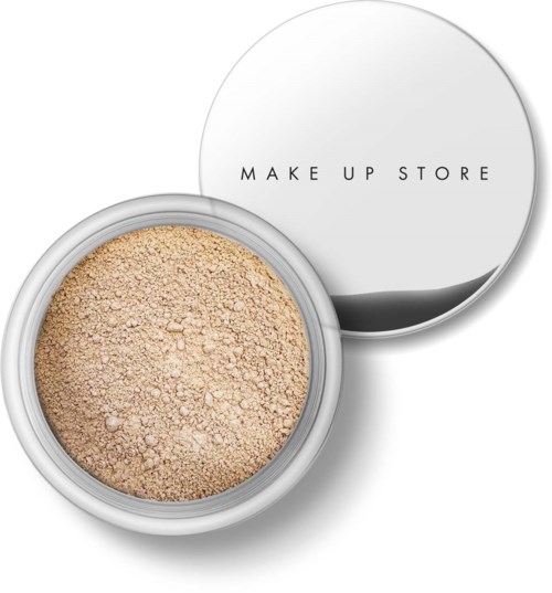 Powdered makeup in a round container with a lid that reads 'MAKE UP STORE' on white background.