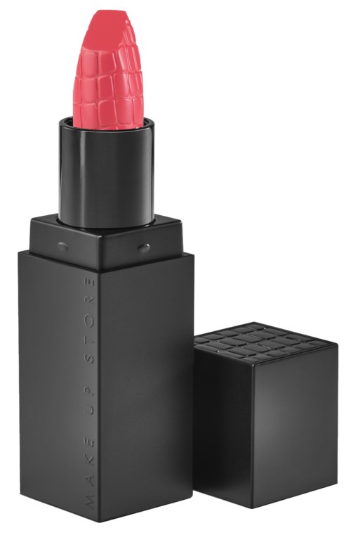 Ett läppstift i svart fodral med avlägsnad lock, visar rosa läppstift.