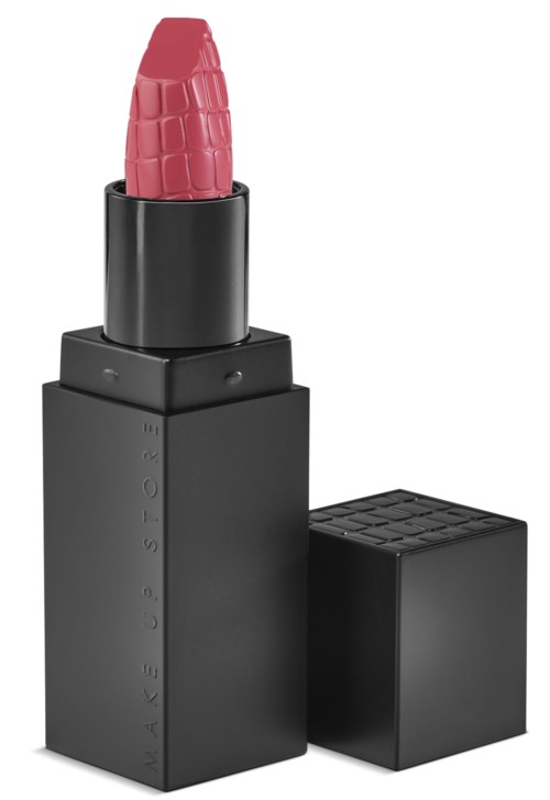 En svart fyrkantig läppstiftspaket med rosa läppstift i och dess lock bredvid.