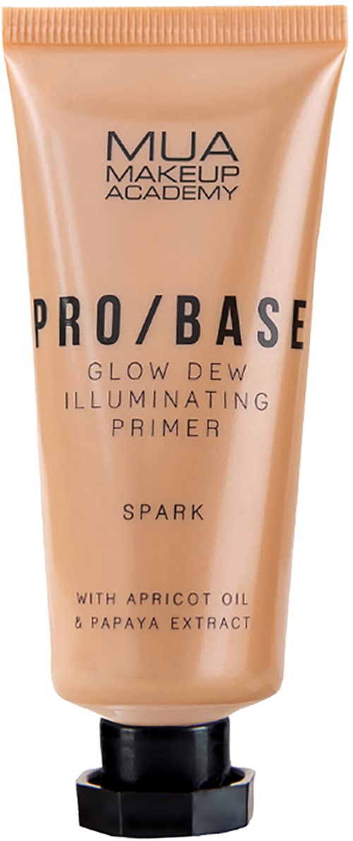 Beige iho, jossa on MUA Pro/Base Glow Dew Illuminating Primer, musta korkki, sisältää aprikoosiöljyä ja papaijauutetta.