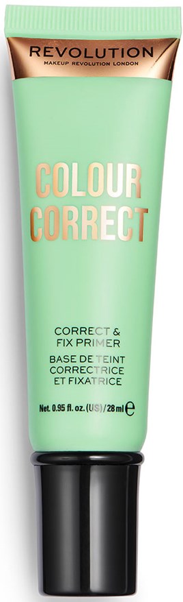 Een groene tube met 'Colour Correct' erop, met een zwarte dop, gebruikt als make-up primer.