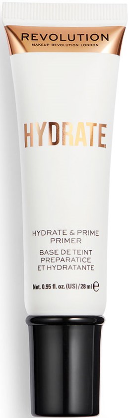 Een witte tube met zwarte dop, gelabeld Revolution Hydrate Primer, gebruikt voor huidverzorging voor make-up.