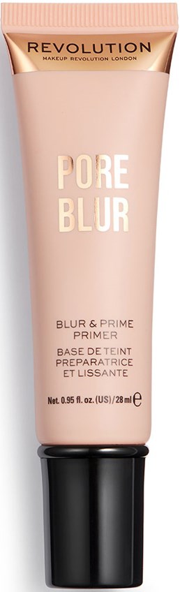 Een tube Revolution Pore Blur primer, beige kleur met zwarte dop, bedoeld voor make-upproductie.