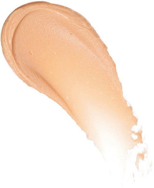 Een beige crème gesmeerd op witte achtergrond, met verloop en textuurelementen.