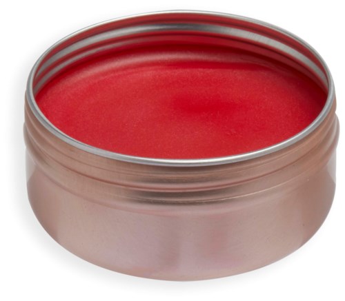 A round, metal container filled with bright red cream or gel.