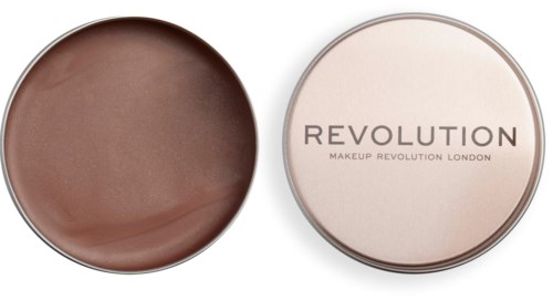 Een ronde make-up container met bruine poeder en een witte deksel met de tekst 'Revolution Makeup Revolution London'.