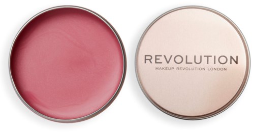 Pyöreä poskipunapakkaus, jossa on pinkki poskipuna ja erillinen kansi, jossa lukee 'REVOLUTION MAKEUP REVOLUTION LONDON'.