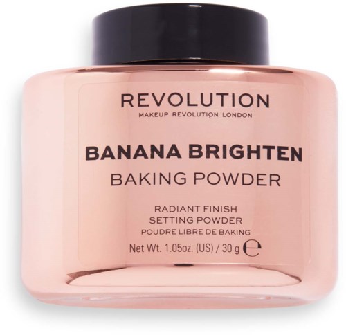 A pink jar with a black lid, labeled 'Banana Brighten Baking Powder' from Revolution Makeup London.