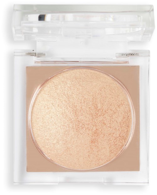 En liten, rund makeup-kompakt med ett genomskinligt lock som innehåller ett skimrande beige puder.