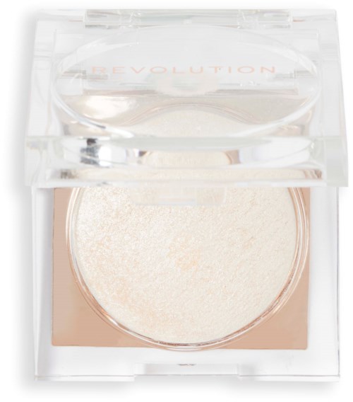 Ein kompaktes Make-up-Produkt mit Puder und klarem Kunststoffgehäuse, beschriftet "REVOLUTION."