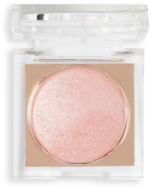 Ett kompakt sminkprodukt med rosa och beige nyanser, i ett klart fyrkantigt hölje med lock.