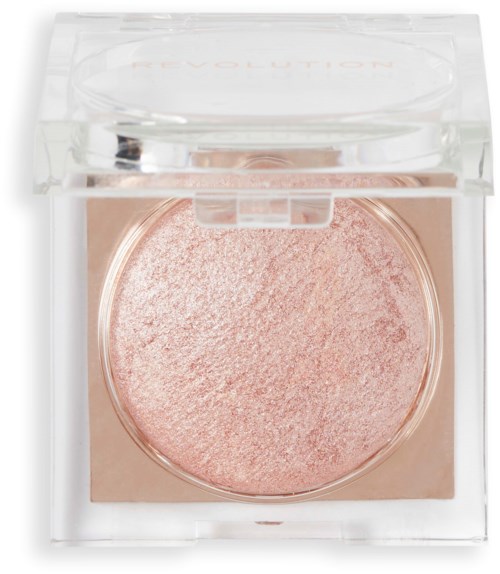 Ein runder, rosafarbener Schimmer-Highlighter in einer klaren Verpackung mit transparentem Deckel.