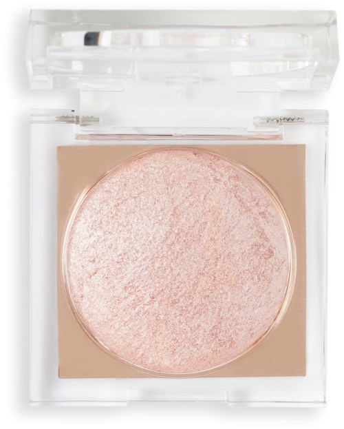 Ein runder, rosafarbener Blush oder Highlighter in einer transparenten Hülle mit Deckel, zum Schminken.
