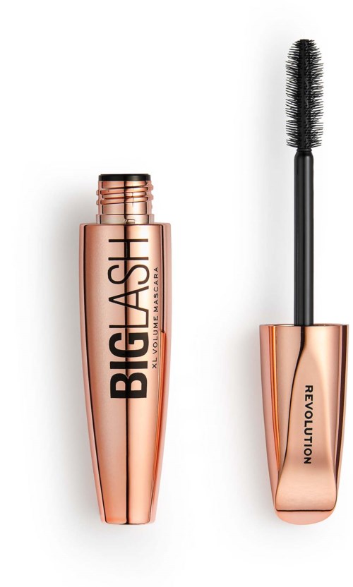 A rose gold mascara tube with an open cap and a brush. The product name "BIG LASH" is visible.