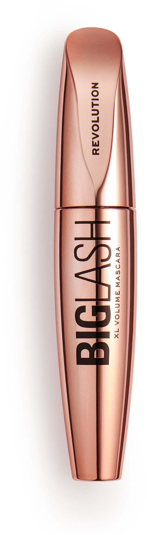 A rose gold tube of mascara with bold black text and a shiny, curved design.