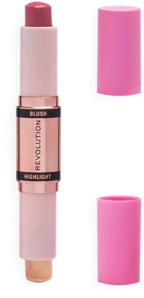 Een make-upstift in roze en beige met een zwart label en twee roze deksels, één verwijderd en één op.