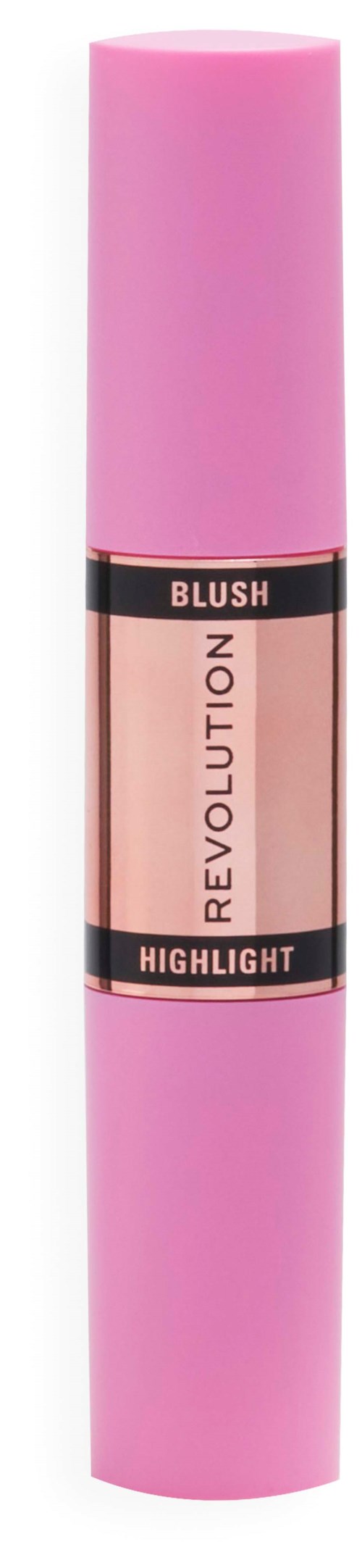 Roze make-up stick met 'Blush' en 'Highlight' en merknaam 'Revolution'.