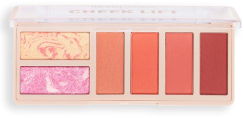 Een blush palette met twee gemarmerde tinten en vier vaste tinten in perzik, oranje, koraal en rood.