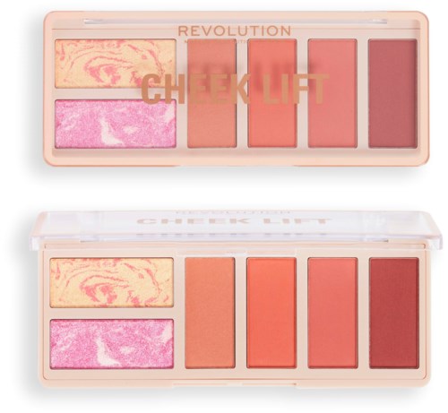 Een make-up palette met blush, bronzer, en vijf verschillende tinten roze en rood oogschaduw in een doorzichtige doos.