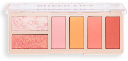 Een palet met vijf verschillende tinten roze, oranje en rood make-up. Het bevat een marmer en een glinsterende kleur.