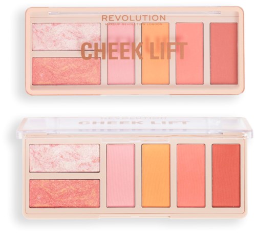 Een roze make-up palette met blush en verschillende tonen roze, oranje en koraal voor wanglift.