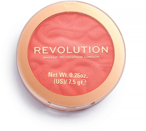 Ruusun sävyinen poskipuna pyöreässä pakkauksessa, merkintä 'Revolution' Makeup Revolution London, paino 7,5 grammaa.