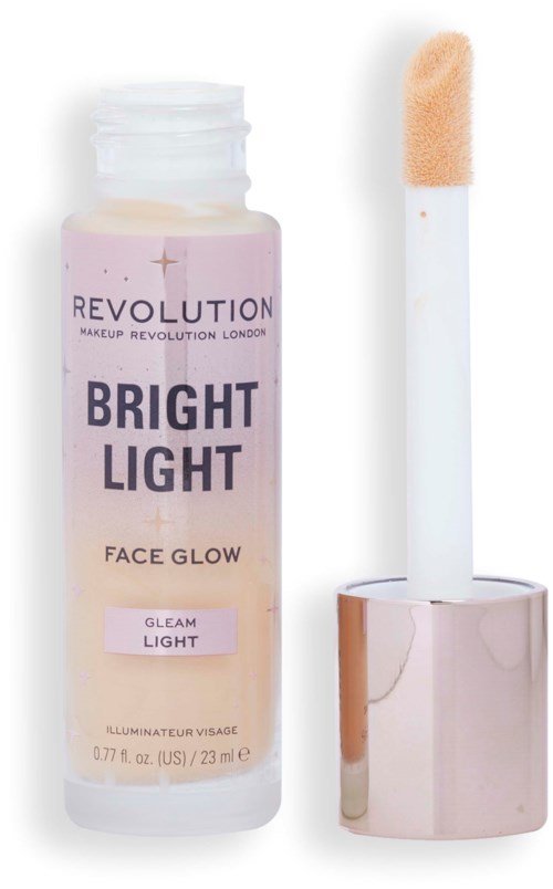 Een gezichtsglansproduct genaamd Bright Light van Makeup Revolution, fles en applicator met spons.