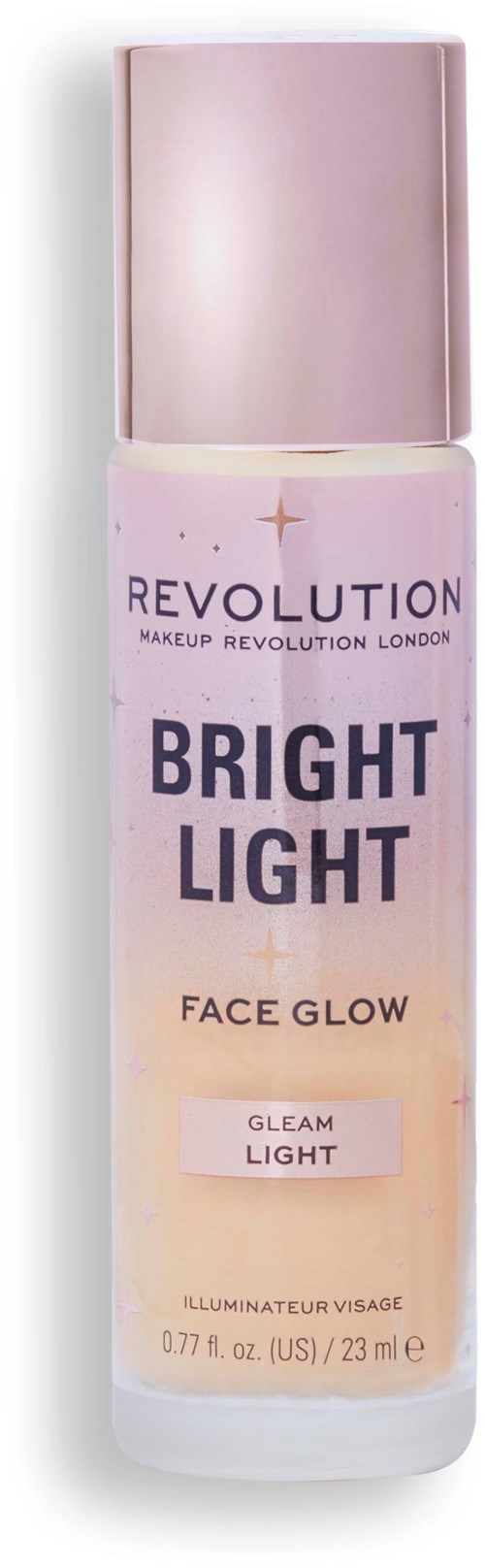 Een kleine fles met 'Bright Light' voor gezichtsgloed, lichtroze en wit, met metalen dop.