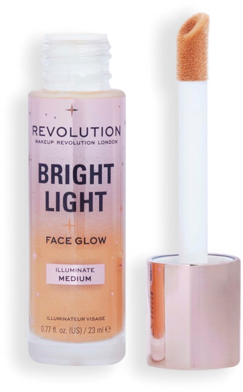 Een fles gezichtsgloed make-up primer met een beige sponsapplicatorpen.