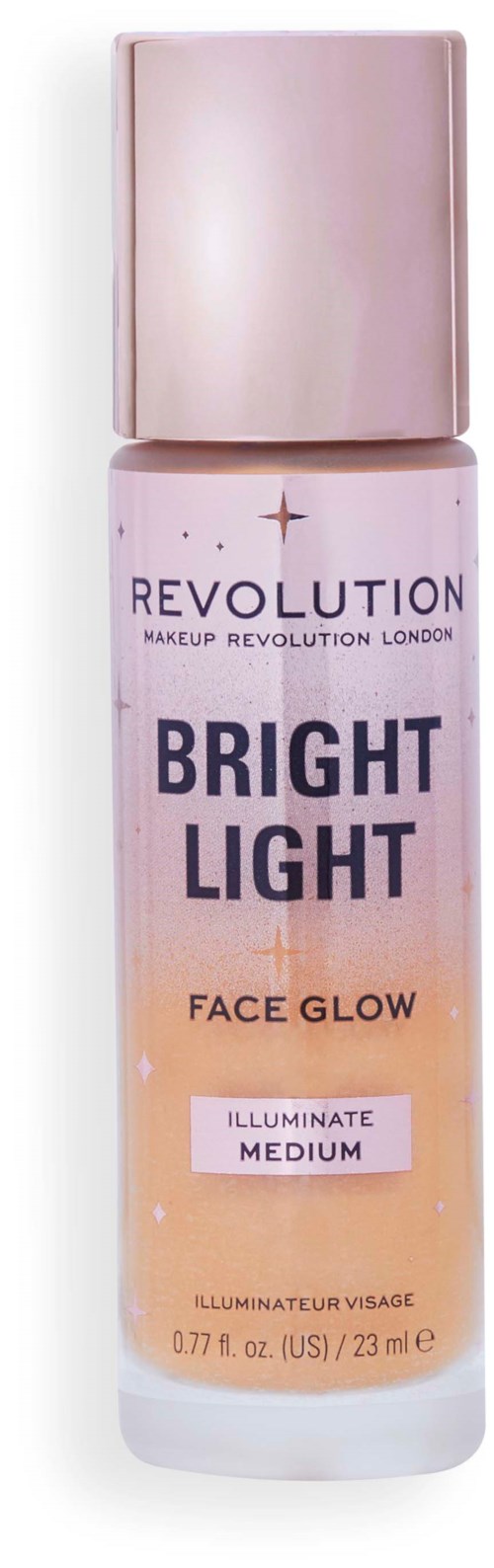 Kleine fles met 'Bright Light Face Glow' en roze dop en pastelkleuren ontwerp.