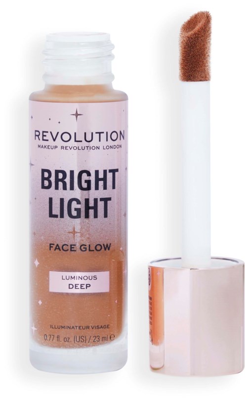 Een fles gezichtsglans highlighter met een beige tint en een bijbehorende applicatorkap.
