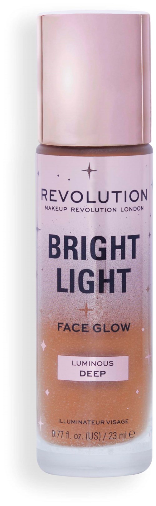 Een kleine fles met roze en paarse kleuren, label zegt 'Bright Light Face Glow' voor stralende huid.