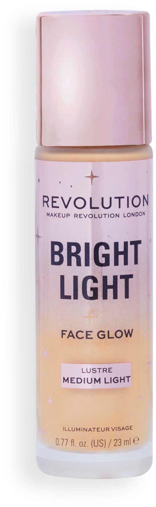 Een klein flesje van Revolution Bright Light Face Glow, perfect voor een natuurlijke, medium lichte glans op de huid.